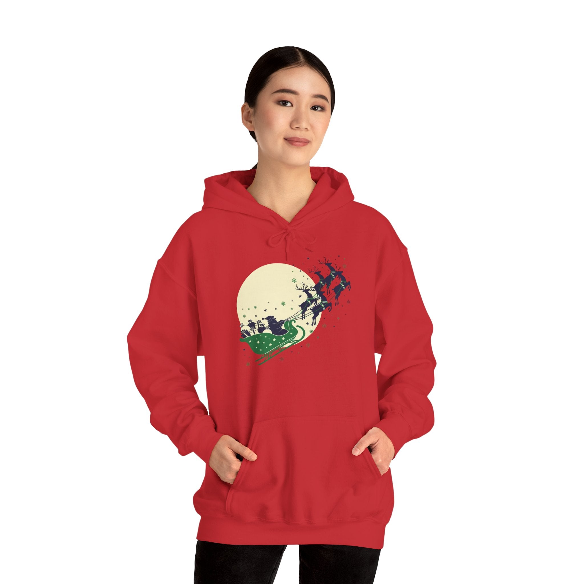 Christmas Sleigh Hoodie — Santa & Reindeer Moonlight Graphic Pullover