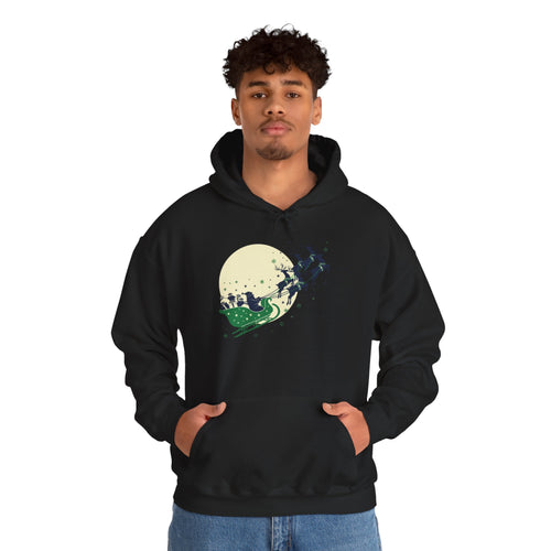 Unisex Christmas Sleigh Hoodie — Santa & Reindeer Moonlight Graphic Pullover