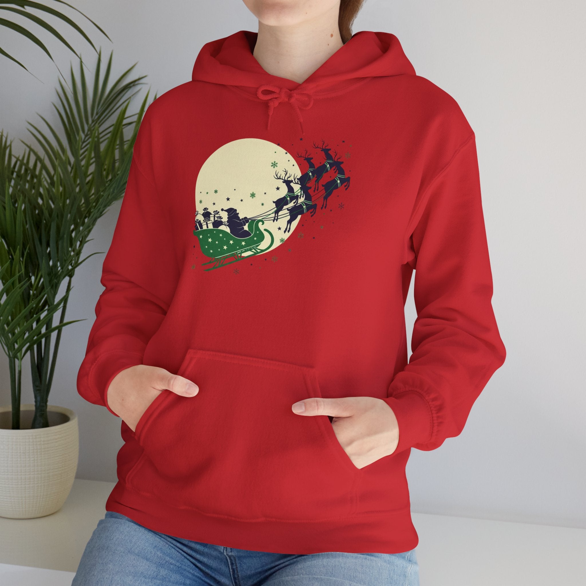 Christmas Sleigh Hoodie — Santa & Reindeer Moonlight Graphic Pullover