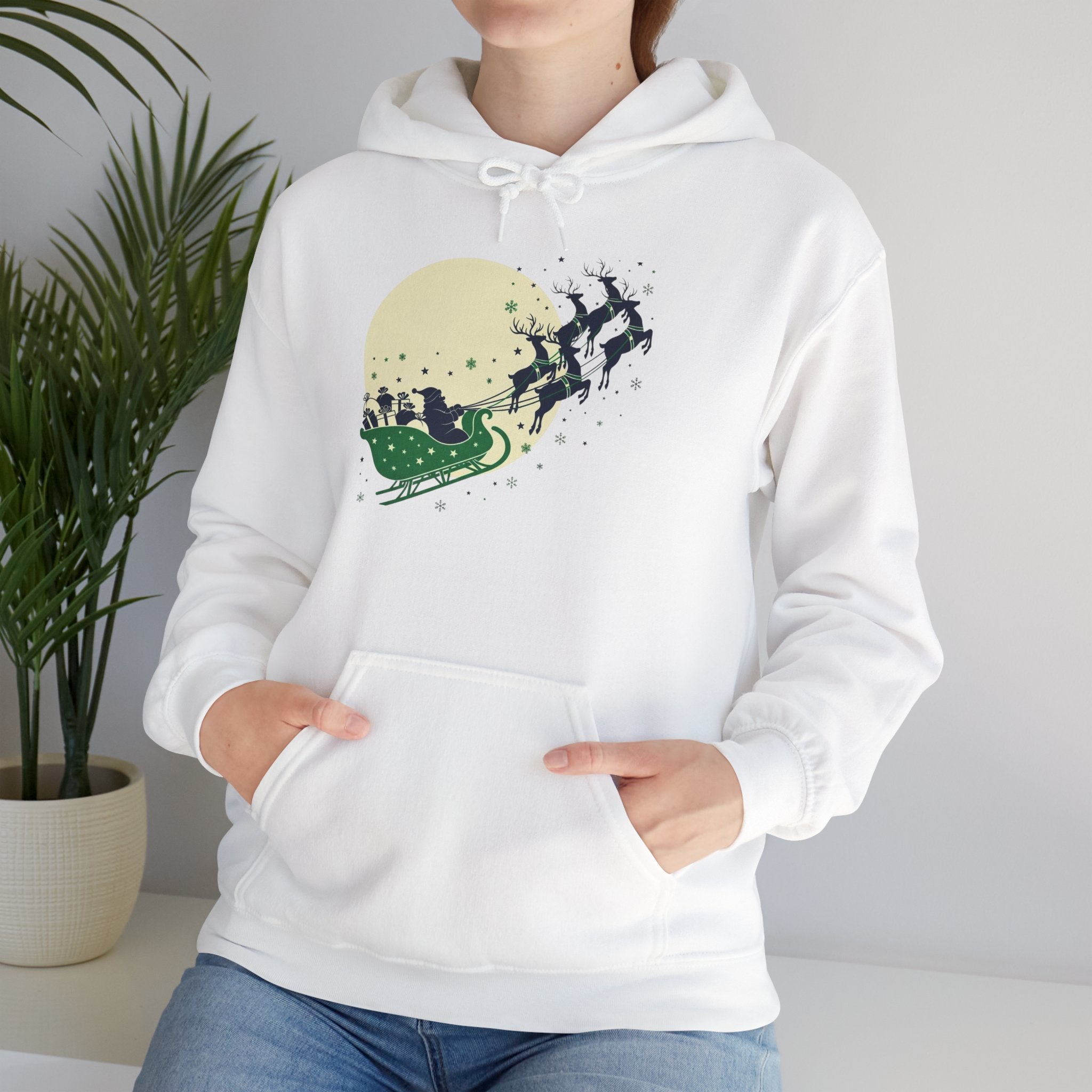 Christmas Sleigh Hoodie — Santa & Reindeer Moonlight Graphic Pullover